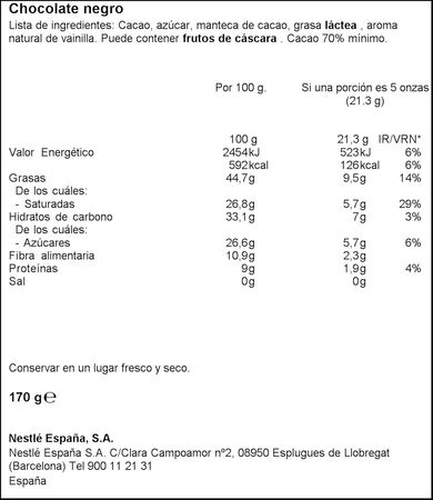 Chocolate negro 70% de cacao Nestl&eacute; postres 170g