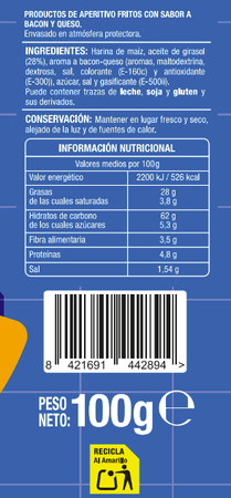 Snack de ma&iacute;z conos Alipende 100g sabor a bacon&queso