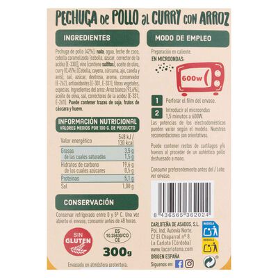 Pechuga de pollo con curry y arroz La Carlote&ntilde;a 300g