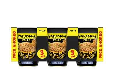 Fideos orientales Yatekomo Yakisoba Pollo pack de 3 vasos de 93g