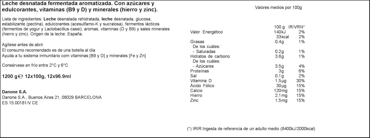 L Casei Actimel 0% MG Danone pack 12 natural