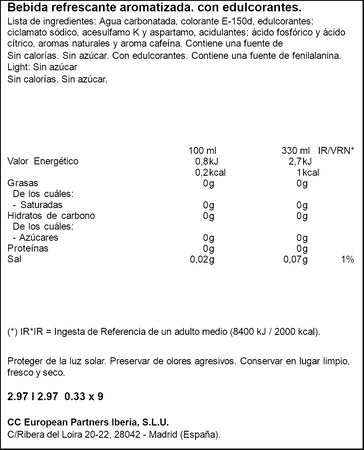 Refresco cola light Coca-Cola lata 33cl pack 9