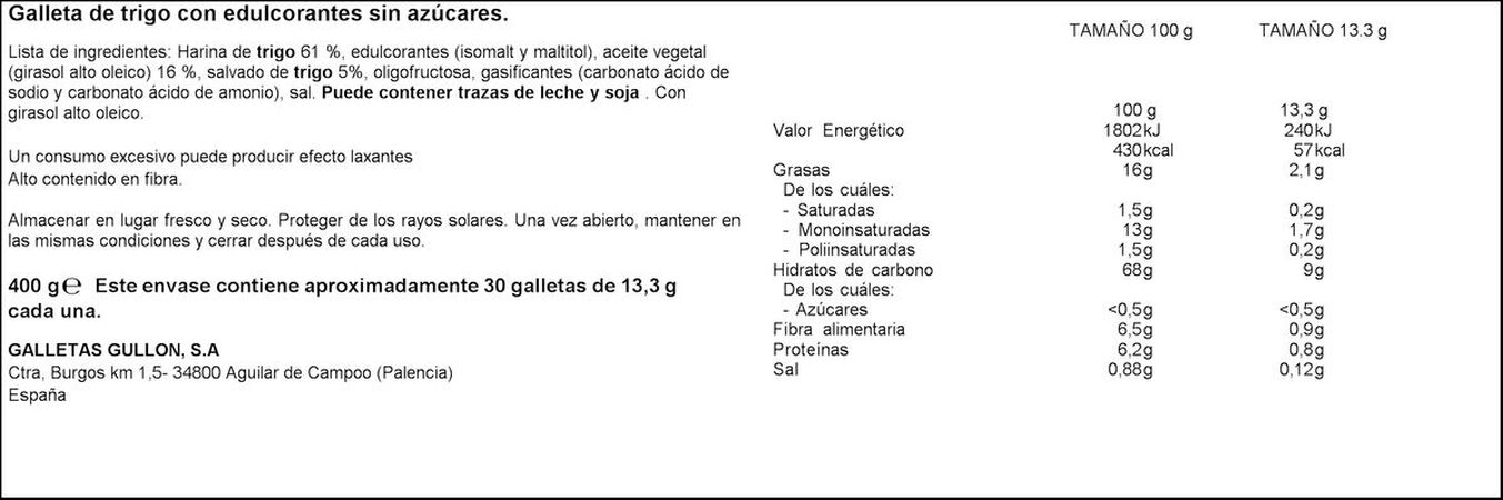 Galleta sin azúcar añadido zero Gullón 400g digestive