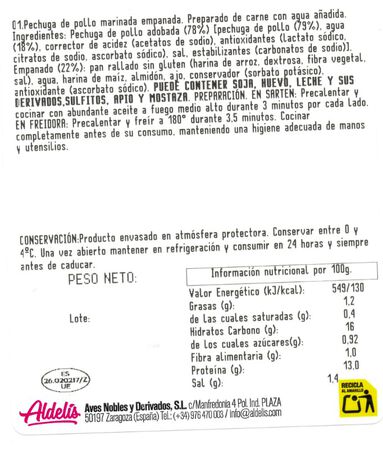 Pechuga de pollo sin gluten marinada empanada Aldelis 400gr