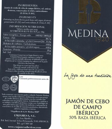Jam&oacute;n cebo campo ib&eacute;rico 50% raza ib&eacute;rica pieza 8k aprox