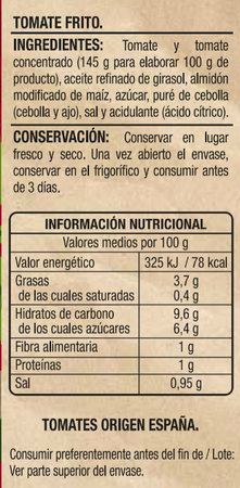 Tomate frito origen nacional sin gluten Alipende p3 400g