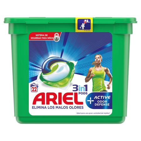 Detergente en cápsulas Ariel 21 lavados active+ odor defense