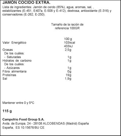 Jamón cocido en lonchas finas finissimas Campofrío 115g