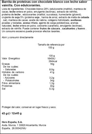 Barrita de proteínas sabor vainilla y chocolate blanco crunchy Corny 45g