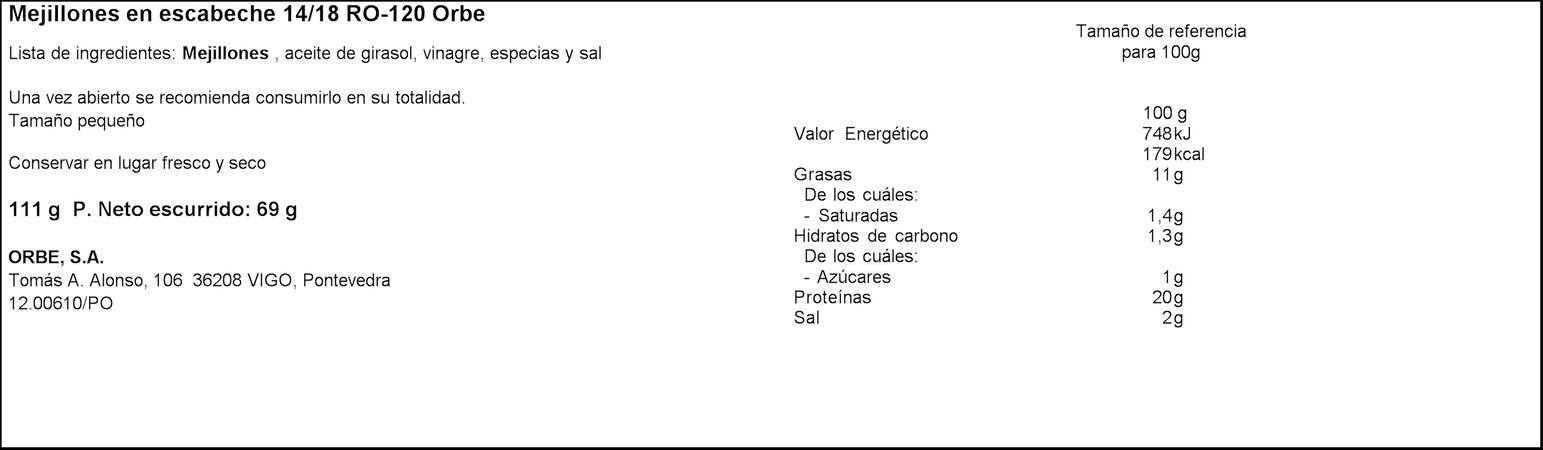 Mejillon rias gallegas Orbe 69g 18/22 en escabeche