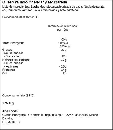Rallado Cheddar& Mozzarella Arla 175 gr Especial Para Horno
