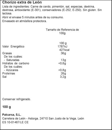 Chorizo de le&oacute;n Palcarsa 100g en lonchas