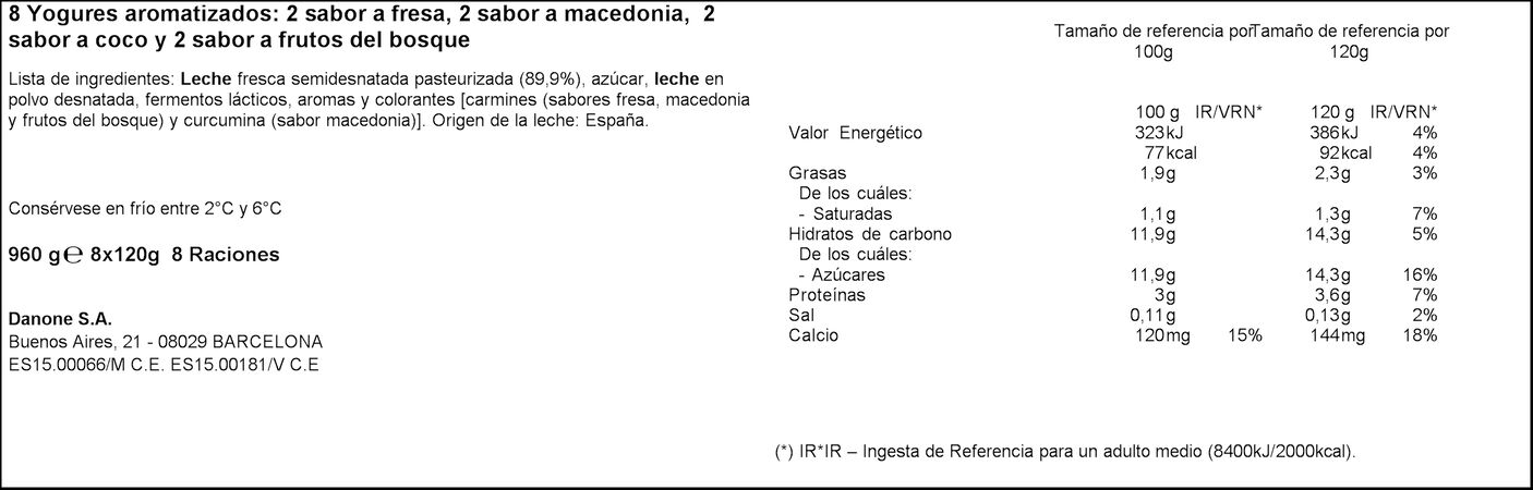 Yogur Danone pack 8 fresa coco macedonia frutos bosque