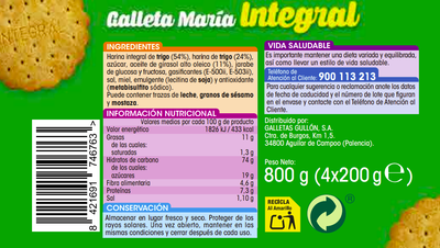 Galleta mar&iacute;a Alipende 800g integral