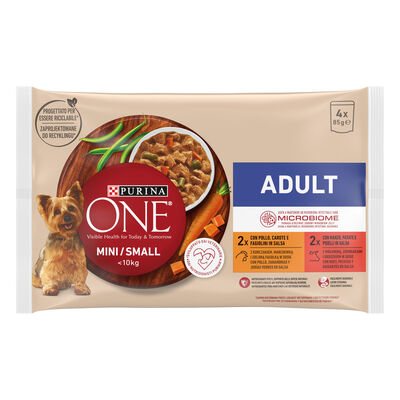 Comida h&uacute;meda perros mini Purina One pollo y buey pack 4