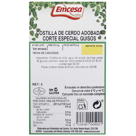 Costilla cerdo adobada especial guisos 1kg aproximadamente