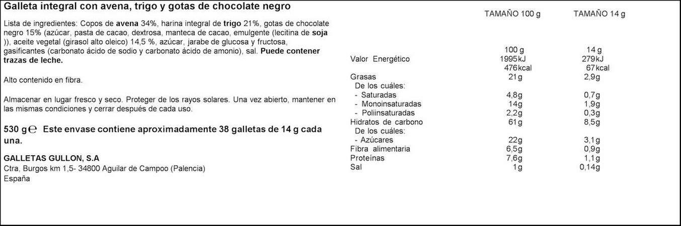 Galleta digestive con avena y chocolate negro Gullón 425g