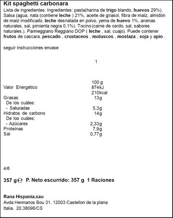 Spaguetti frescos con salsa carbonara con Parmigiano Reggiano Rana 357g