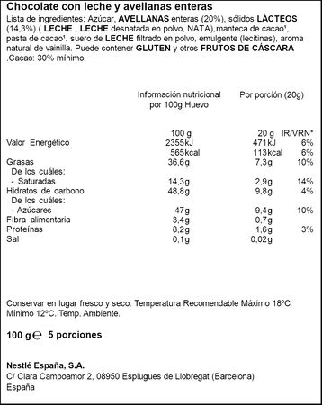 Chocolate con leche extrafino relleno con avellanas enteras Nestl&eacute; 100g