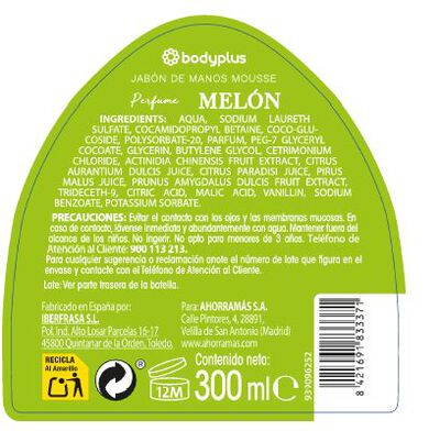 Jab&oacute;n de manos en mousse Bodyplus 300ml mel&oacute;n