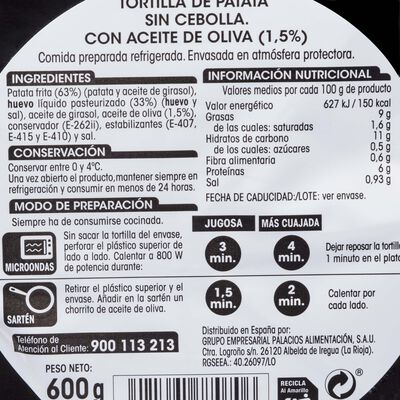 Tortilla de patata sin gluten Alipende 600g sin cebolla