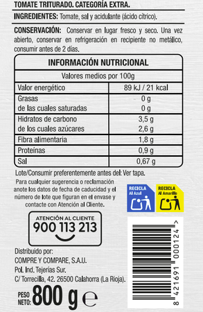 Tomate triturado sin gluten categor&iacute;a extra Alipende 800 g