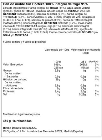 Bimbo 8 Cereales 100% Integral Sin Corteza 450g
