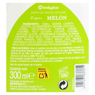 Jab&oacute;n de manos en mousse Bodyplus 300ml mel&oacute;n
