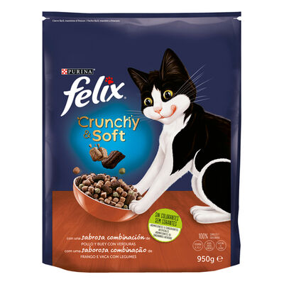 Pienso gato Félix Crunchy & Soft pollo verdura 950g