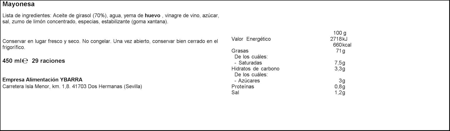 Mayonesa sin gluten sin lactosa Ybarra 450ml