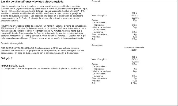 Lasaña La Cocinera 500g champiñón y boletus