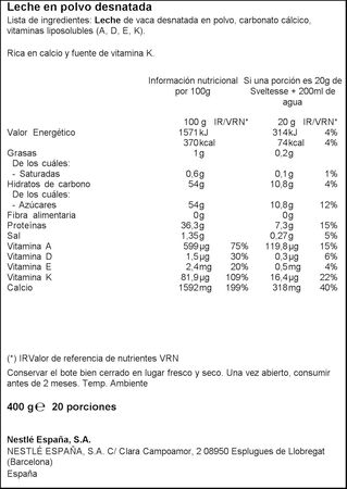 Leche en polvo calcio Sveltesse 400g desnatada