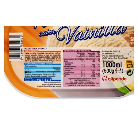 Helado en tarrina Alipende 1l vainilla