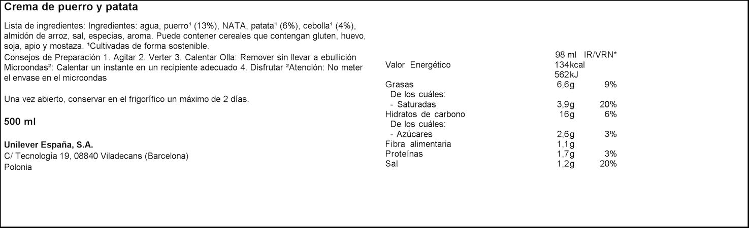 Crema vichyssoise Knorr 500ml con puerro y patata