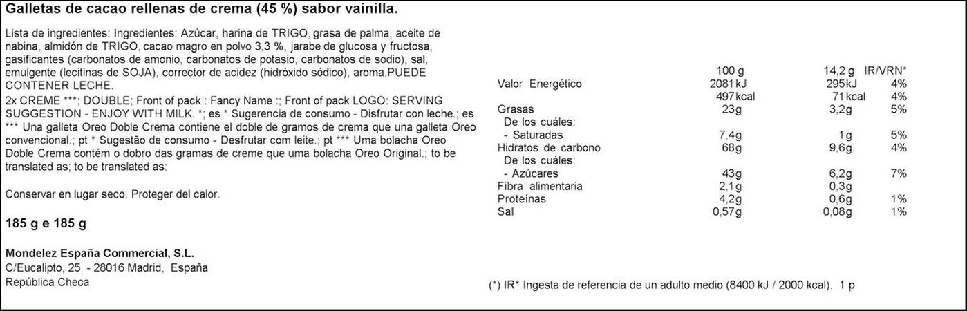 Galleta rellena Oreo 185g doble crema