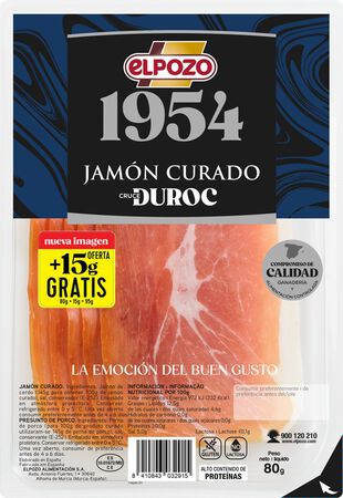 Jamón curado selección en lonchas ElPozo 80 + 15 gr