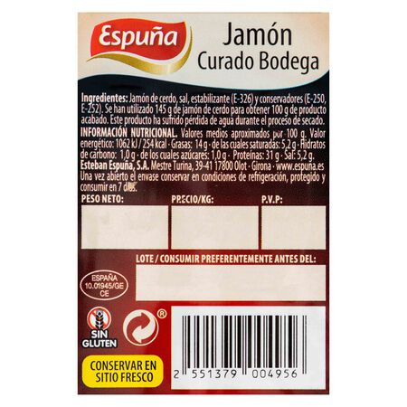 Jamón curado bodega Espuña 320g aproximadamente