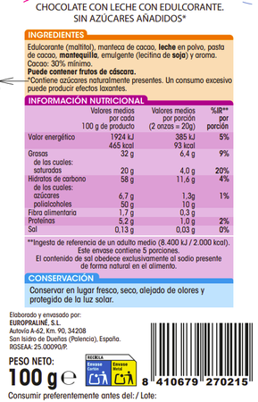 Chocolate con leche sin az&uacute;car a&ntilde;adido sin gluten 100g
