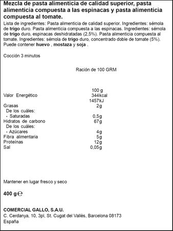 H&eacute;lices pasta fina con vegetales tomate y espinacas Gallo 400g