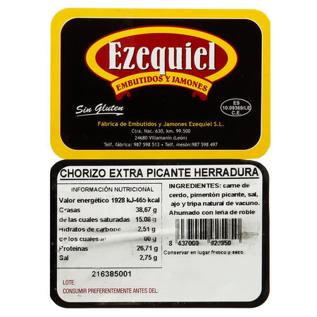 Chorizo de León Ezequiel picante medio o entero pieza 400g aproximadamente