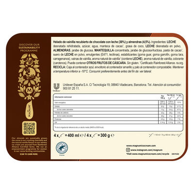 Helado bomb&oacute;n Magnum 3+1 uds almendra