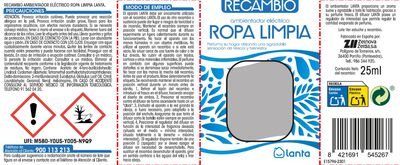 Ambientador el&eacute;ctrico Lanta recambio ropa limpia