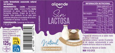 Leche fermentada sin lactosa Alipende pack 4 natural azucarado