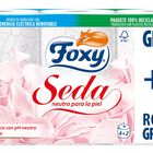 Papel higi&eacute;nico Foxy 4+2 rollos seda con pH neutro para la piel y aroma a talco