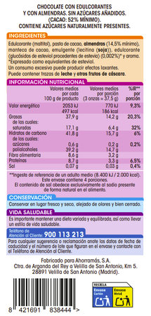 Chocolate puro almendras s/gluten s/az&uacute;car a&ntilde;adido Alipende 150g