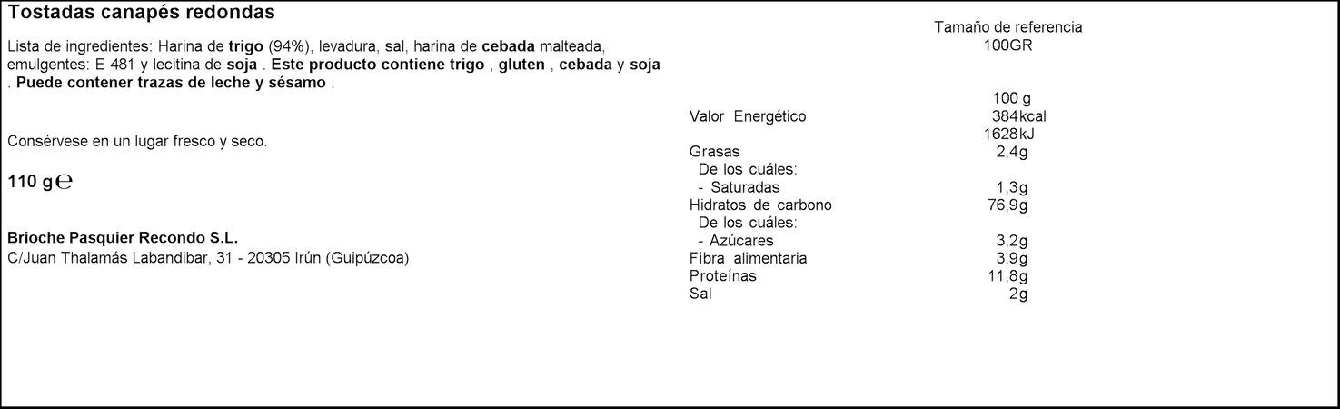 Tosta para canapé Recondo 110g redonda
