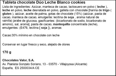 Tableta Dúo chocolate Leche y Blanco cookies Valor 170g