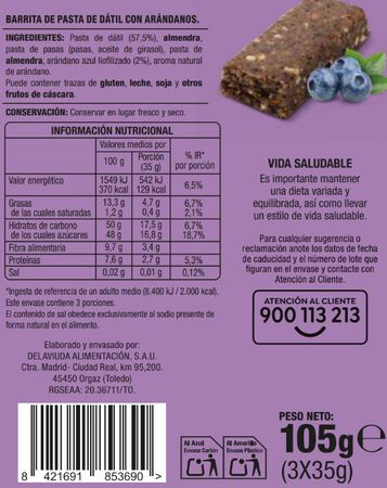 Barritas de pasta sabor dátil y arándanos Alipende 105g