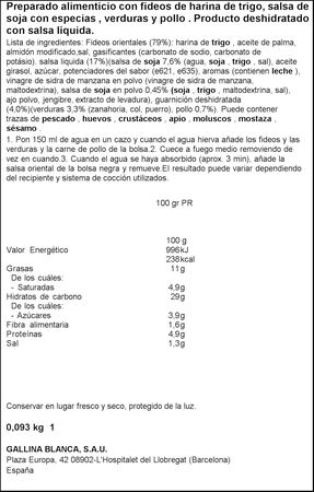 Fideos orientales pollo gallina blanca Yakisoba 2u