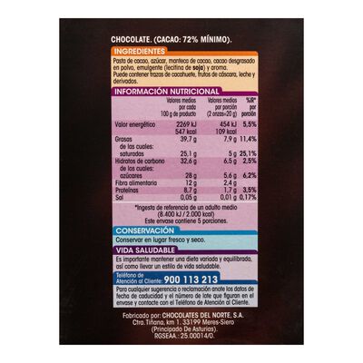 Chocolate negro sin gluten Alipende 100g 72% de cacao